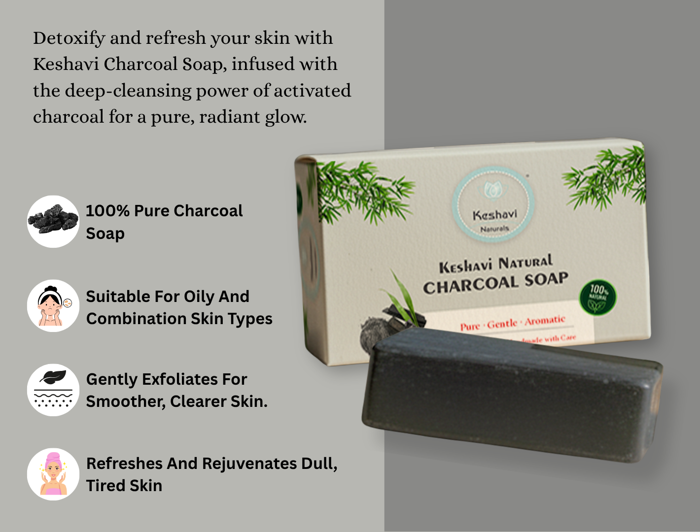 Keshvi Naturals Charcoal Soap – Pack of 5 | 100% Natural Bath Bars