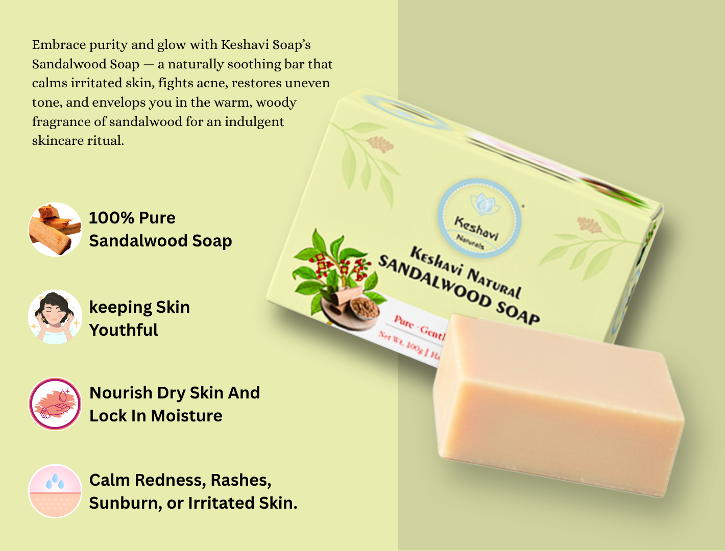 Keshvi Naturals Sandalwood Soap – Pack of 5 | 100% Pure Ayurvedic Bath Bar for Glowing & Youthful Skin