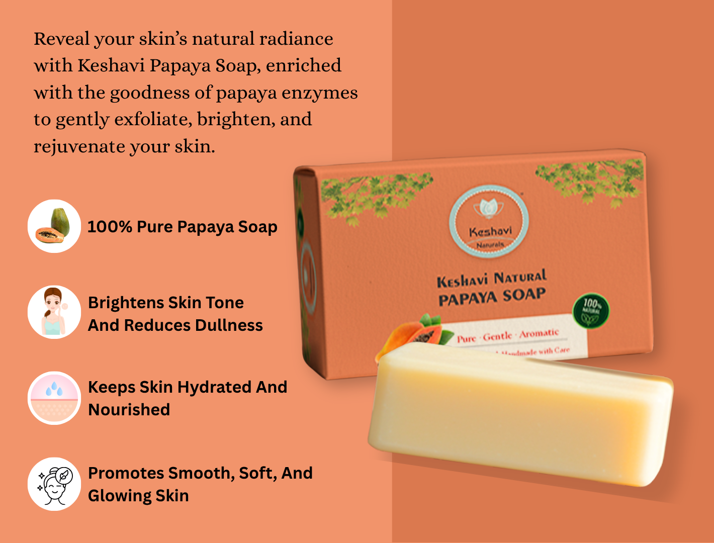 Keshavi Naturals Papaya Soap – Pack of 5 | 100% Natural Bath Bars