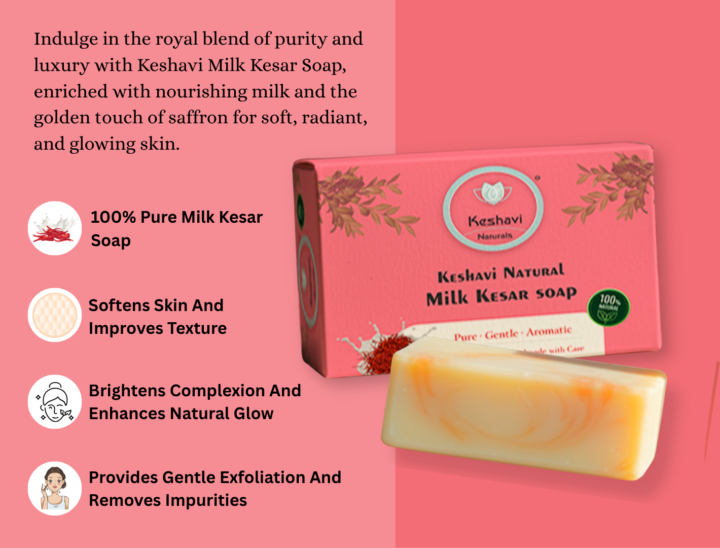 Keshavi Naturals Milk Kesar Soap – Pack of 5 | 100% Natural Bath Bars